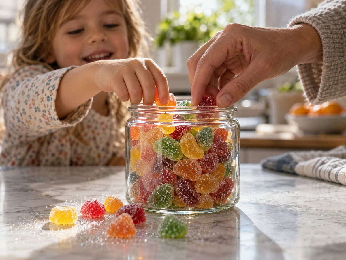 A child and an adult reach into a jar of sugar coated gummies
