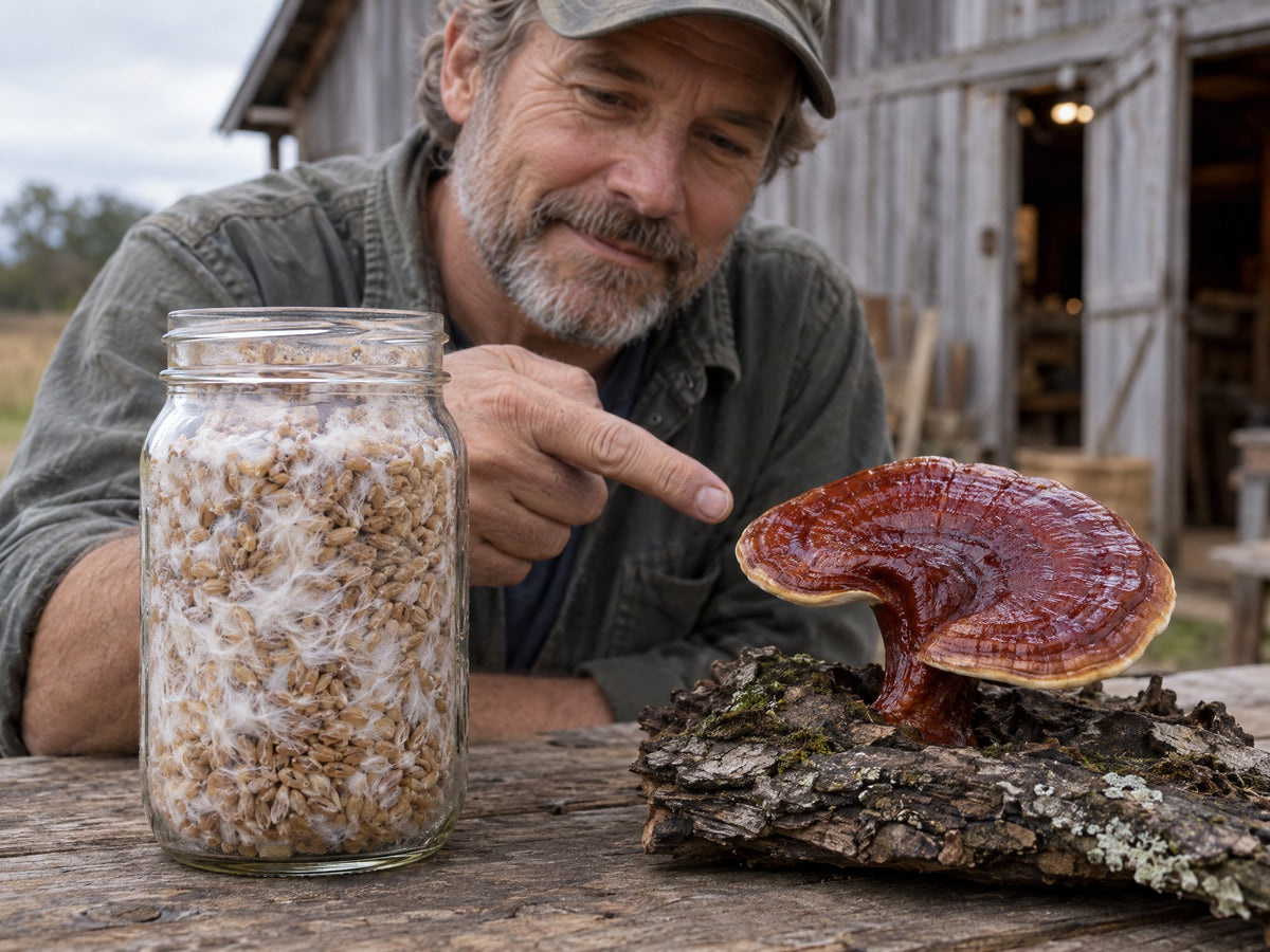 A farmer points from a jar of grain laced with white mycelium to a fresh reishi mushroom