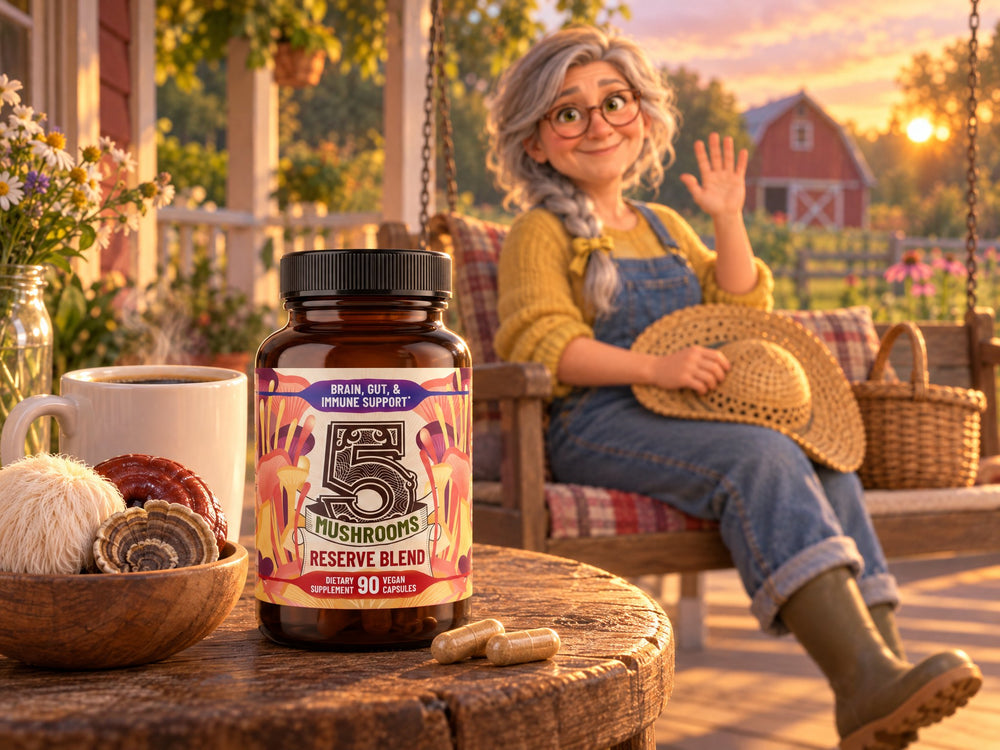 5 Mushrooms Reserve Blend on a porch table at golden hour while Hazel waves from the swing