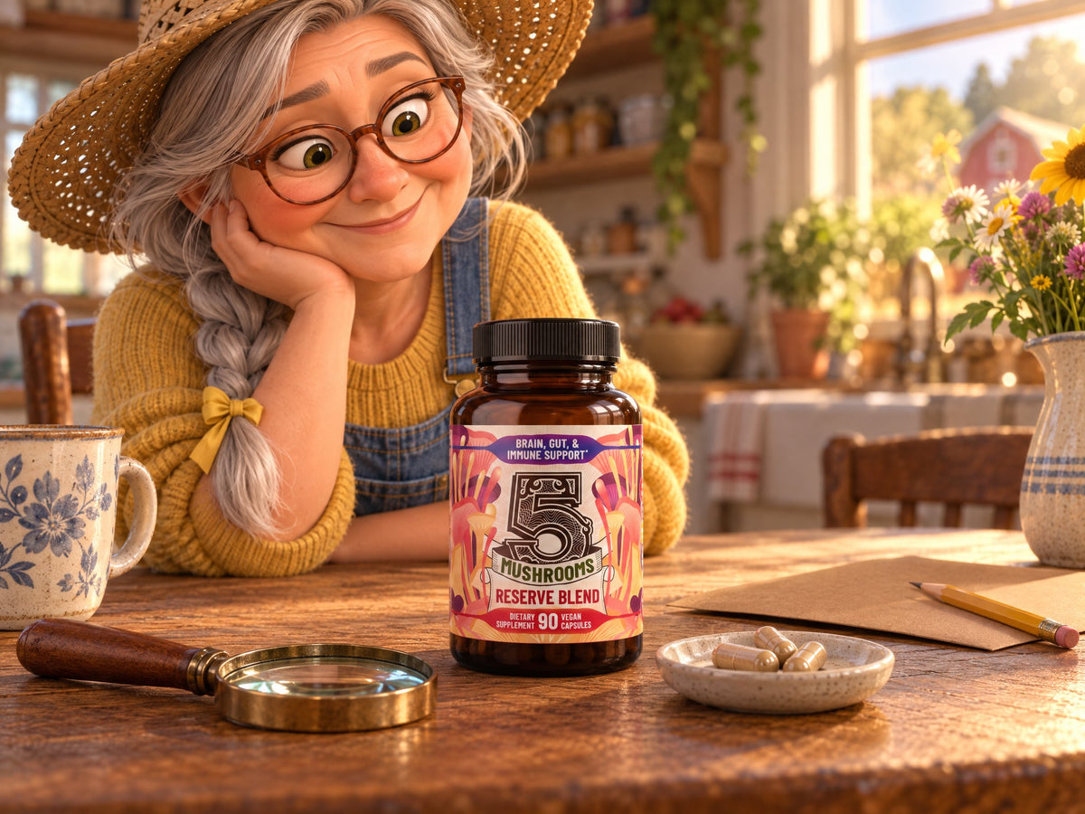 A bottle of 5 Mushrooms Reserve Blend on a kitchen table, Hazel leaning in curiously