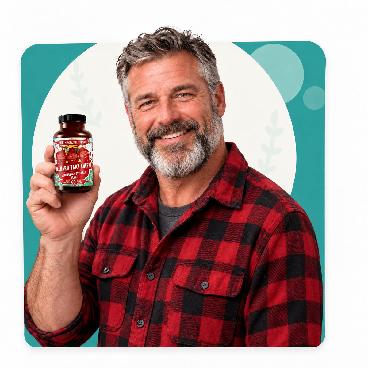 Bearded lumberjack in a red flannel shirt holding a bottle of Orchard Tart Cherry