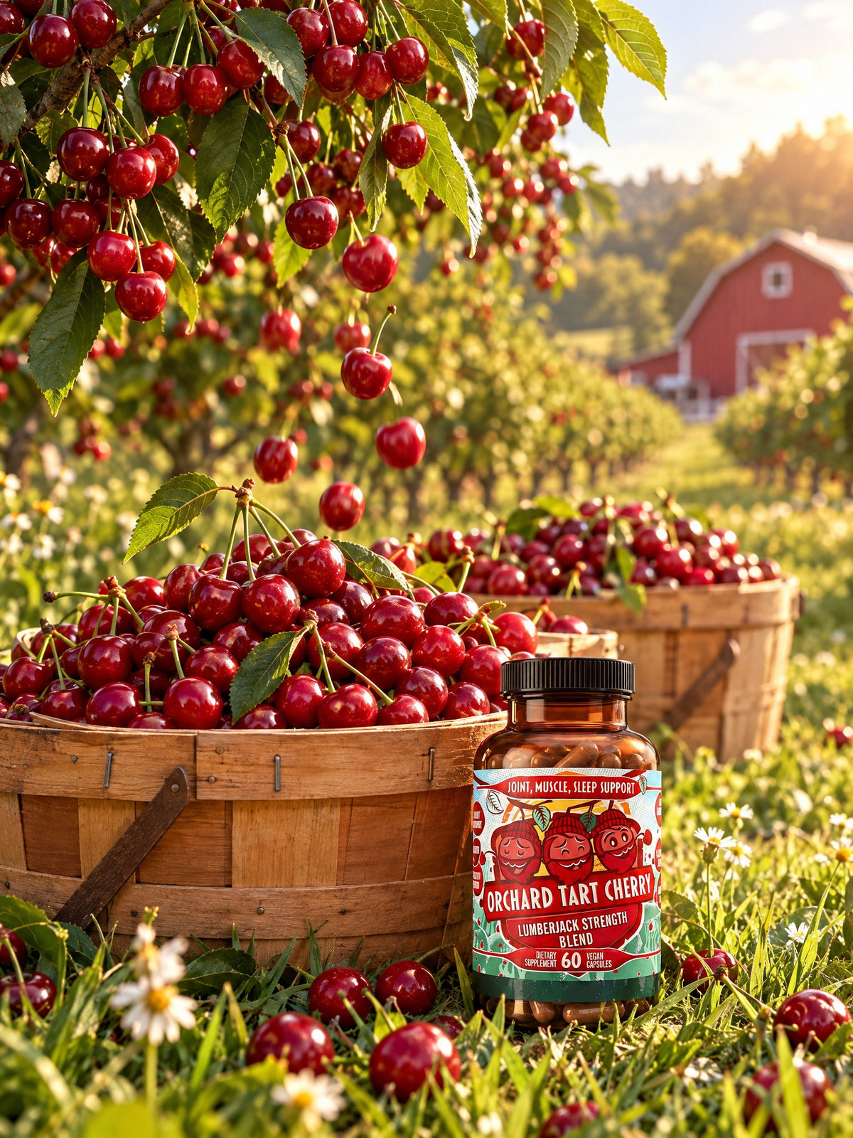 Tart cherries falling into harvest baskets in a sunlit orchard beside a bottle of Orchard Tart Cherry