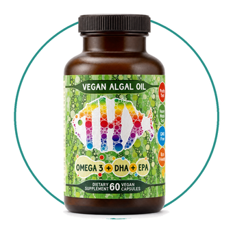 Vegan Omega-3 bottle packshot in teal circle