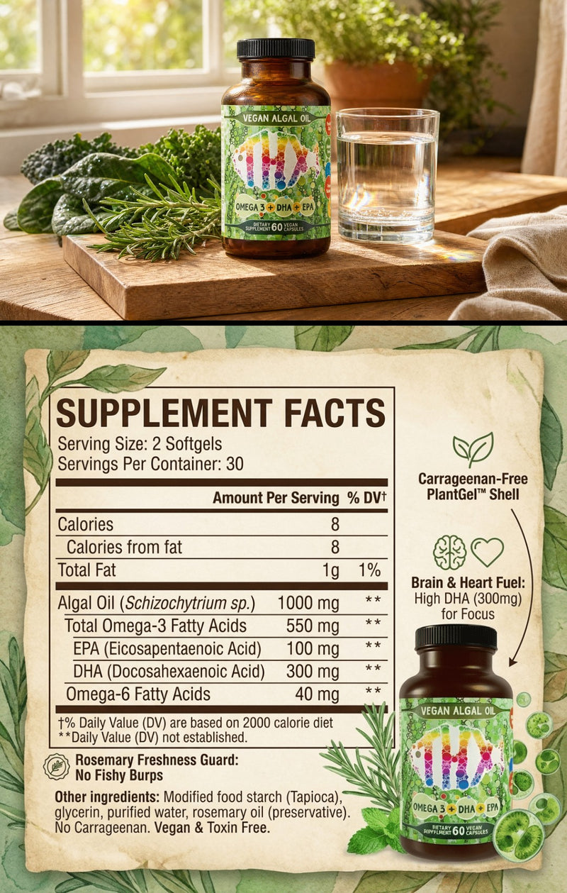 Vegan Omega-3 kitchen scene with real Supplement Facts panel