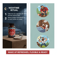 tart cherry supplement bottle on bedside table with nighttime ritual directions and illustrations showing muscle recovery and restful sleep