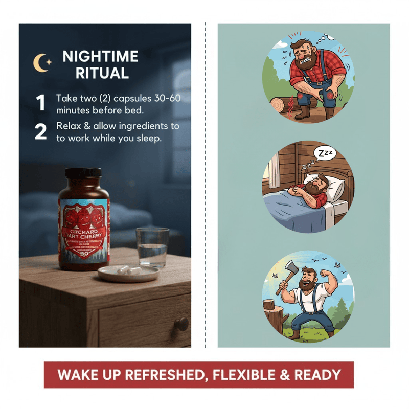 tart cherry supplement bottle on bedside table with nighttime ritual directions and illustrations showing muscle recovery and restful sleep