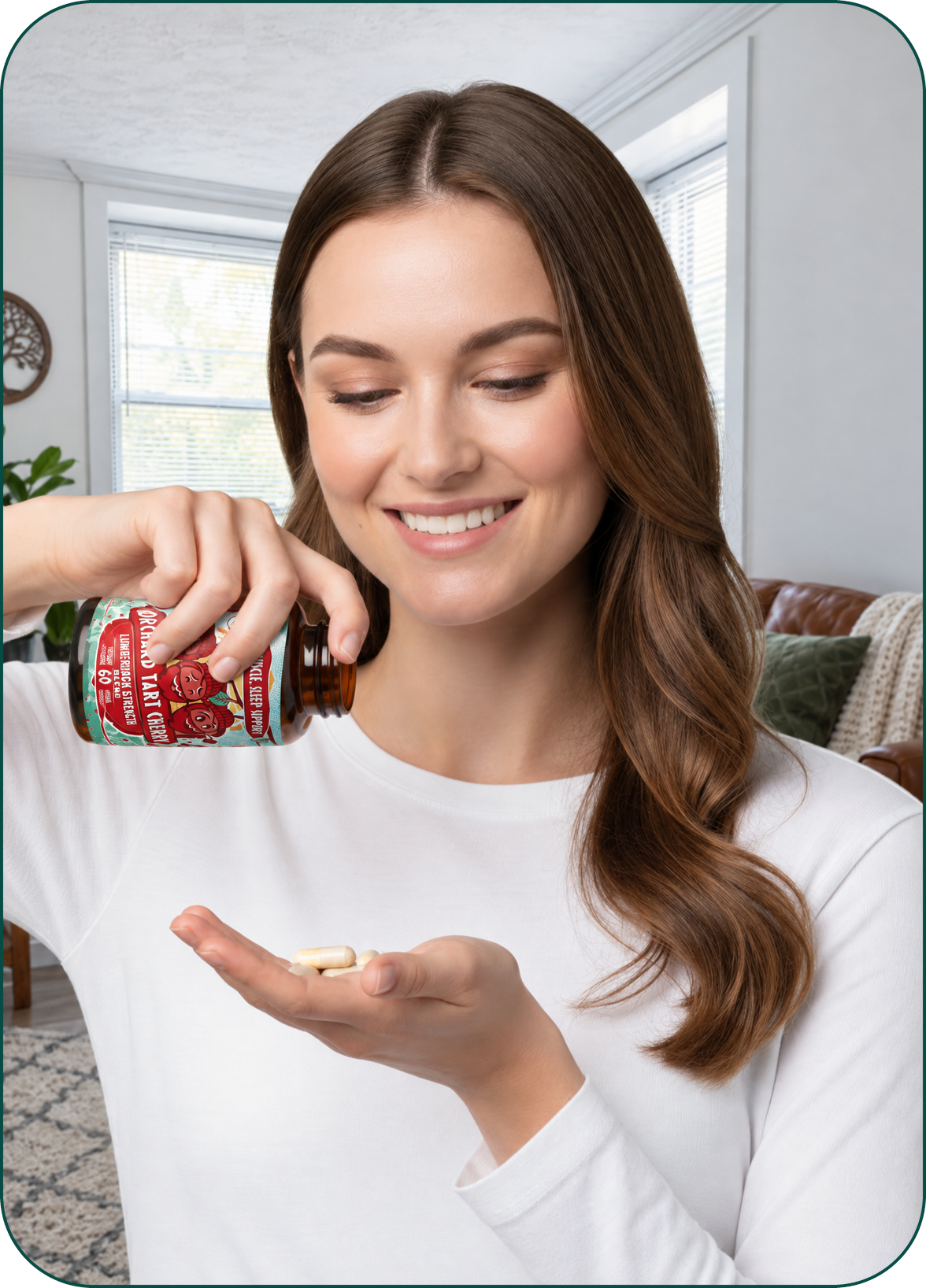 Woman pouring Orchard Tart Cherry capsules into her palm