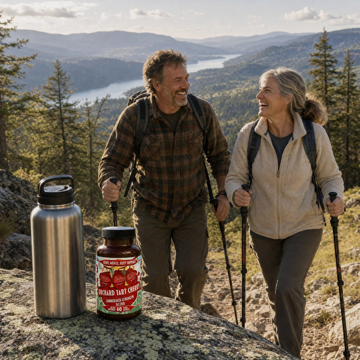 Hiking couple on a mountain trail behind a bottle of Orchard Tart Cherry on a rock