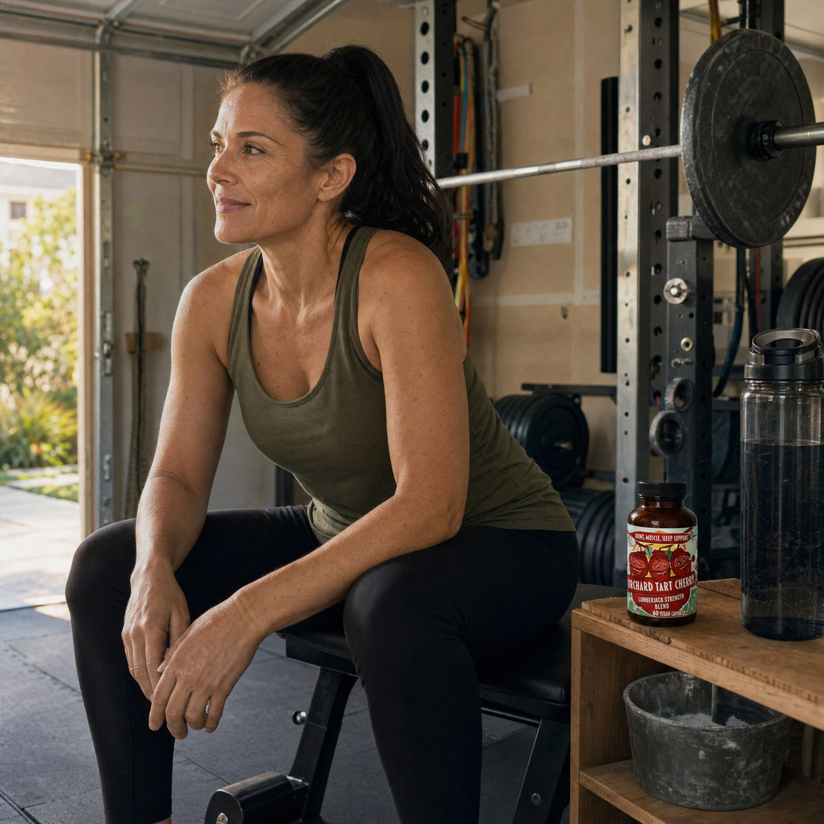 Woman resting on a bench in her garage gym with a bottle of Orchard Tart Cherry on the shelf