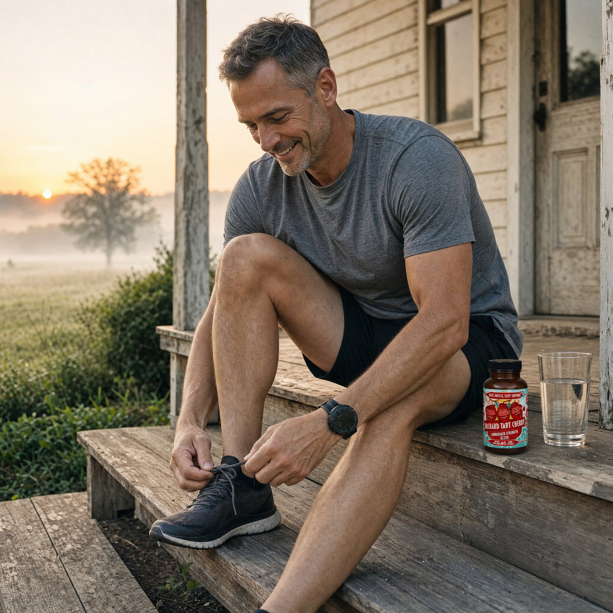 Runner retying his shoe on a farmhouse porch step at sunrise beside a bottle of Orchard Tart Cherry