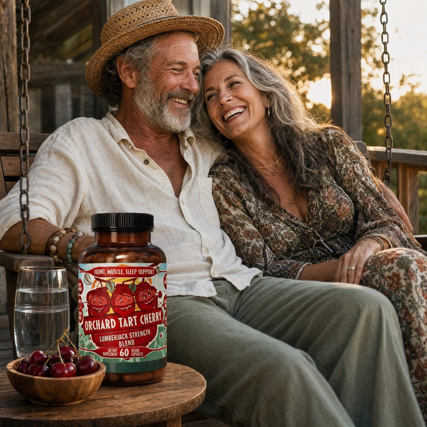 Couple on a porch swing with Orchard Tart Cherry