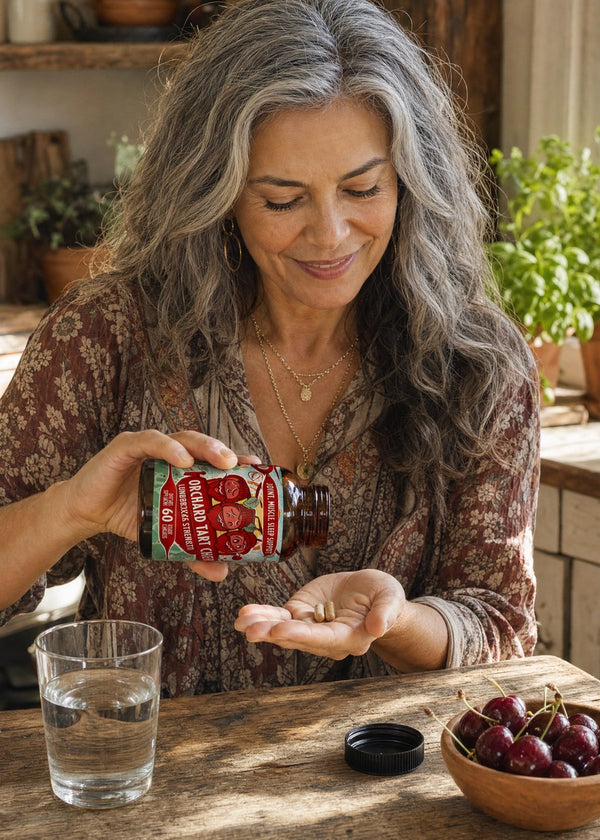 Pouring Orchard Tart Cherry capsules into a palm