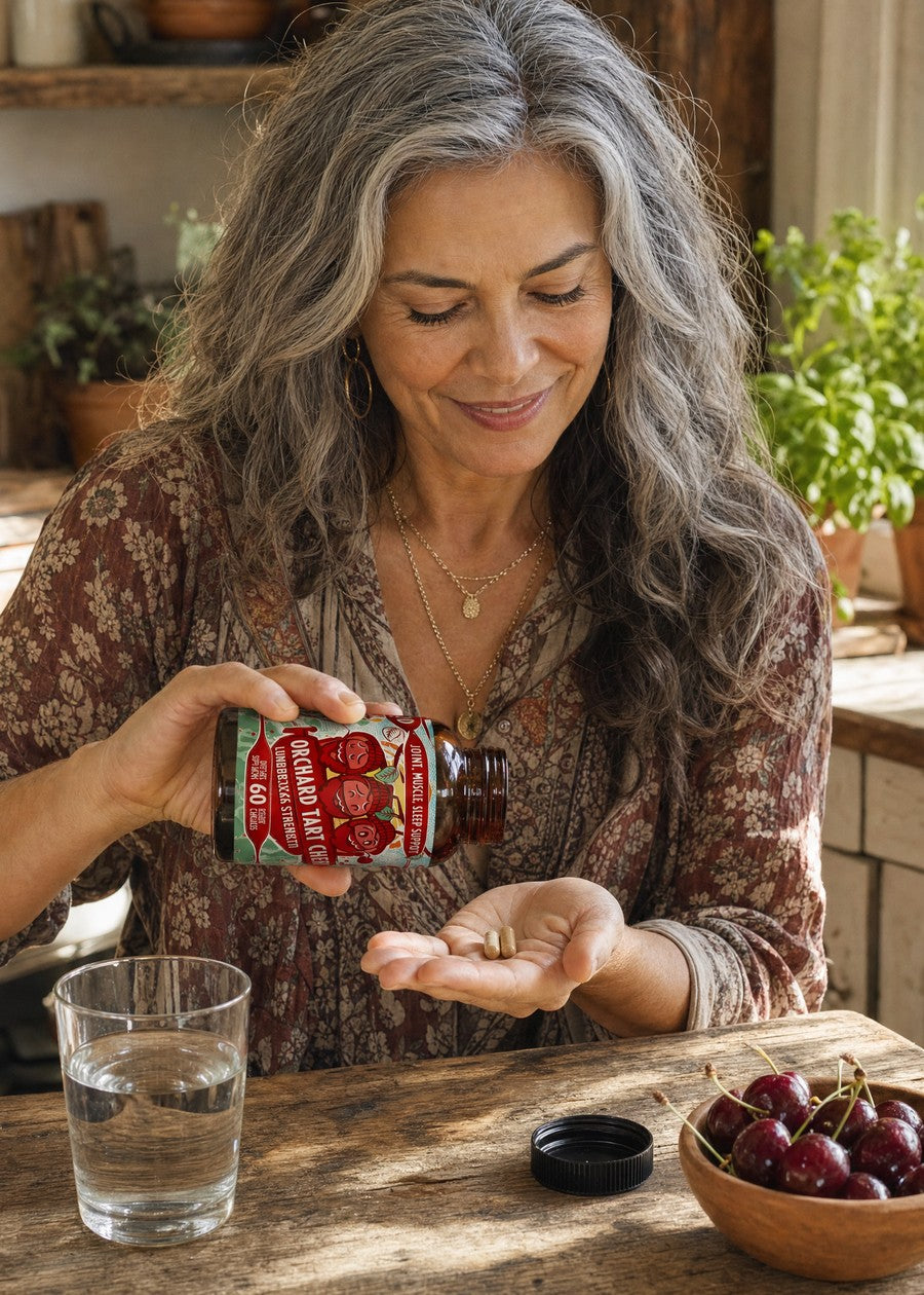 Pouring Orchard Tart Cherry capsules into a palm