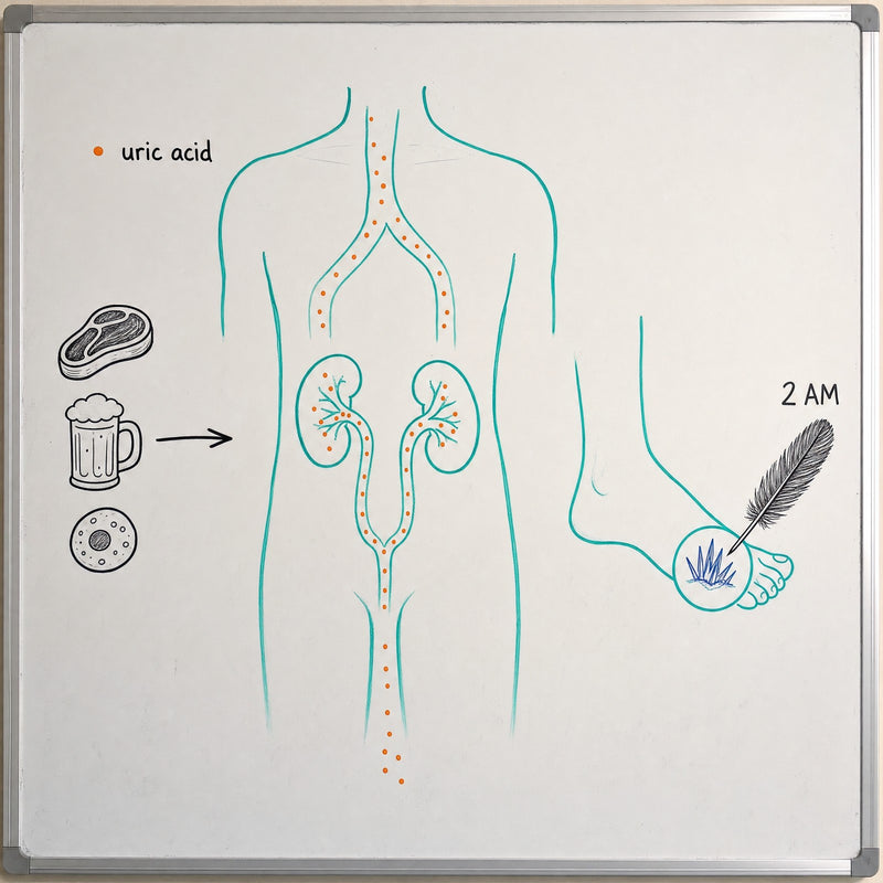 Whiteboard drawing of how the body handles uric acid