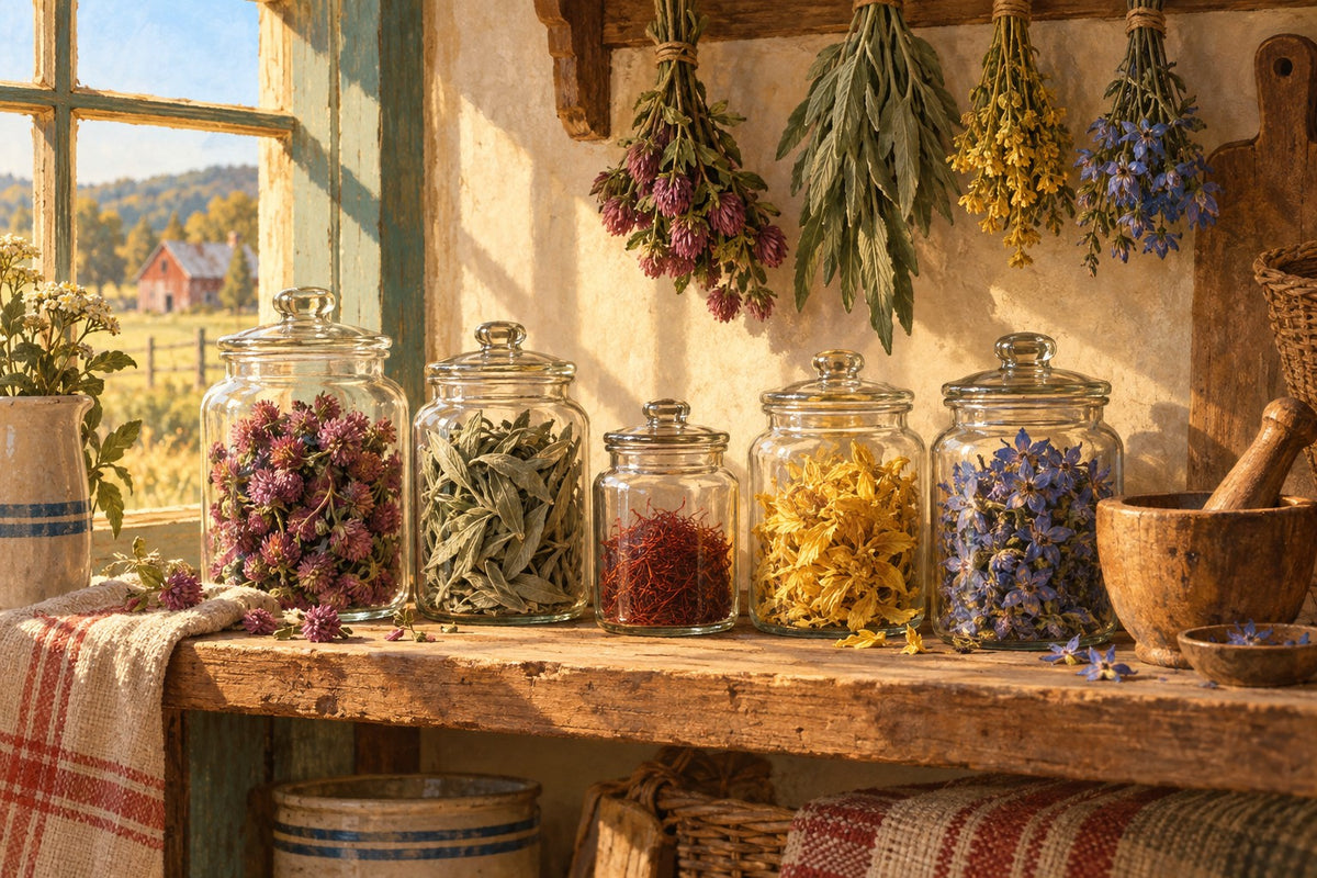 Apothecary jars of red clover, sage, saffron, evening primrose and borage: no added hormones