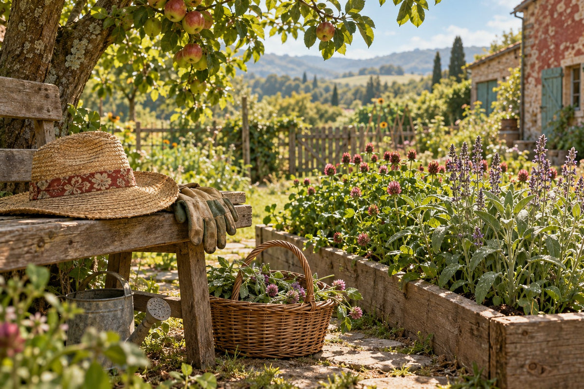 A kitchen garden bench in morning shade with red clover and sage: comfort with hot flashes