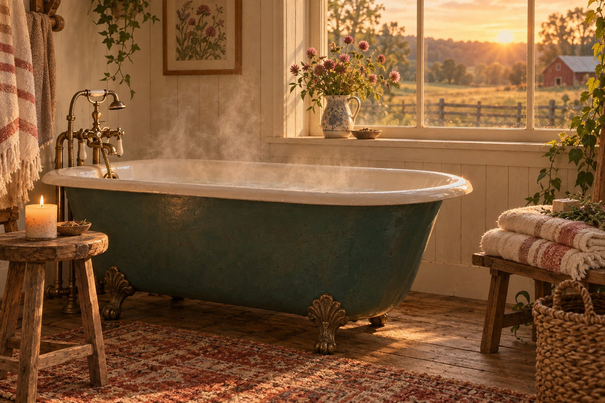 A clawfoot tub in warm evening light with red clover on the sill: intimate comfort