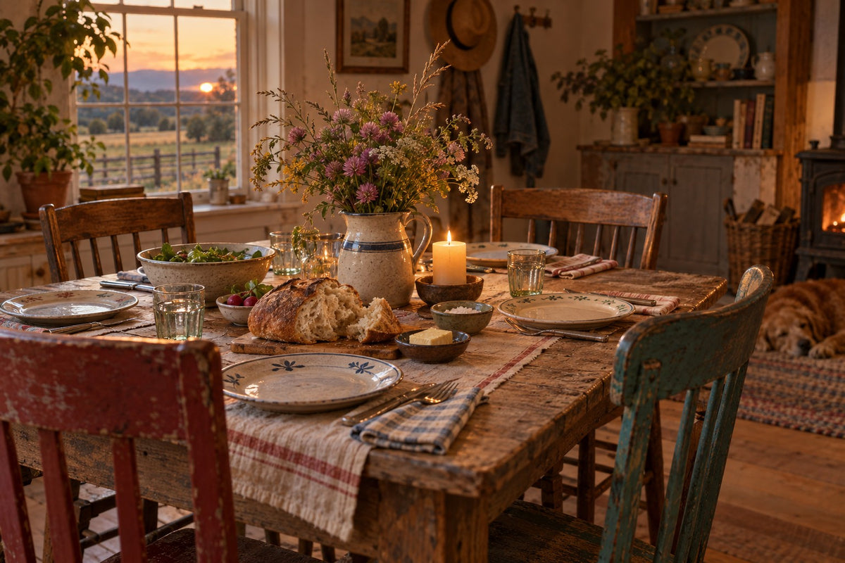 A farmhouse dinner table at dusk with a pitcher of red clover: mood stability through the change