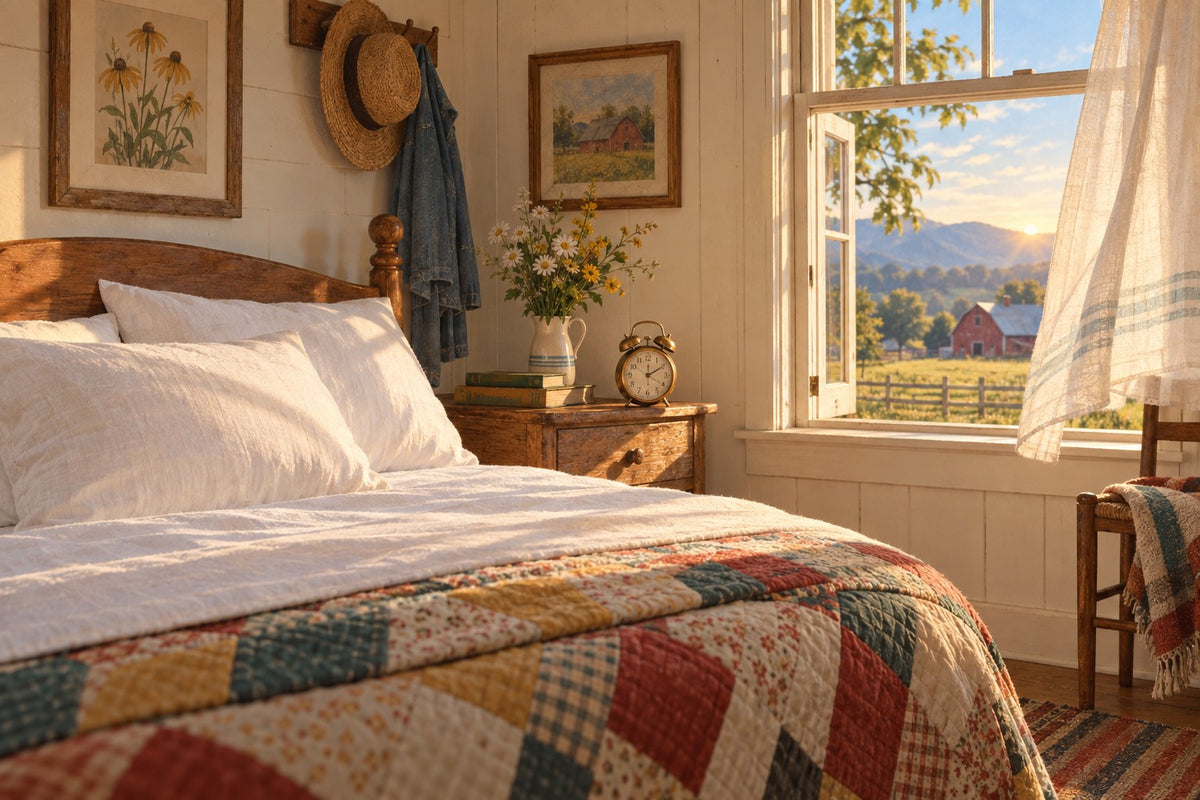 Crisp dry white sheets in a farmhouse bedroom at sunrise: night sweat balance