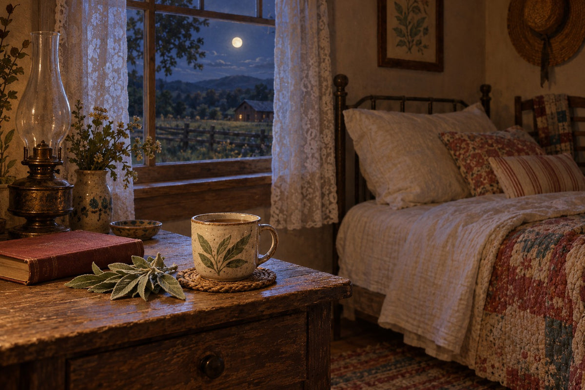 A moonlit farmhouse bedroom with sage tea on the nightstand: restful sleep through the transition