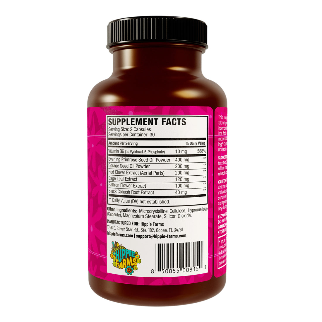 PAUSE Menopause Support bottle, back view showing the Supplement Facts panel
