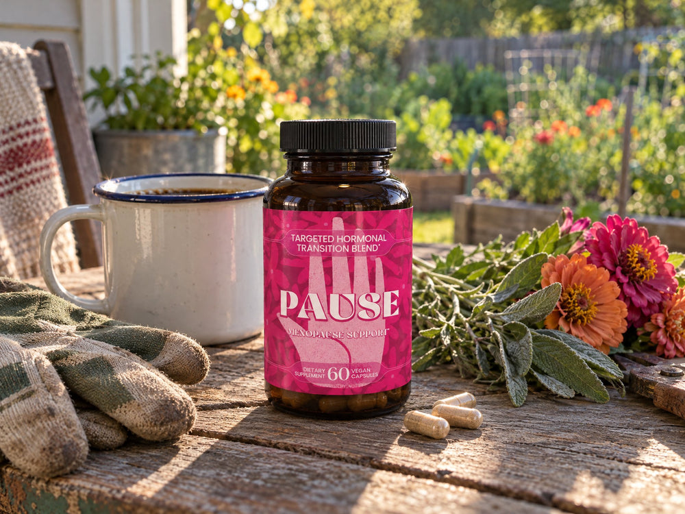 A bottle of Pause on a porch garden table with coffee, sage sprigs and fresh-cut zinnias