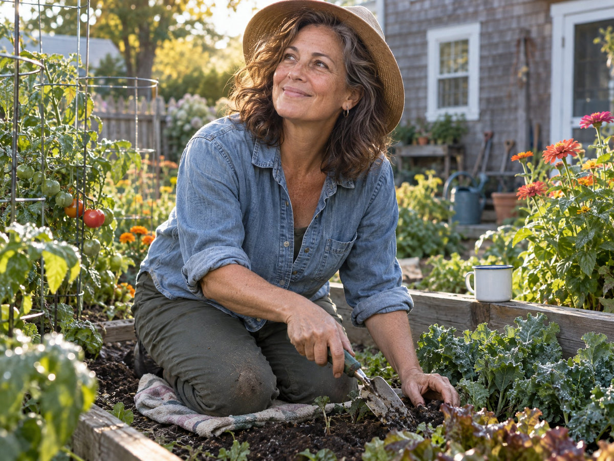 A woman in her fifties kneeling at a raised garden bed in the cool early morning, smiling