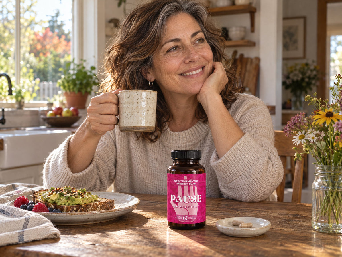 A woman smiling over coffee at breakfast with a bottle of Pause and two capsules on the table