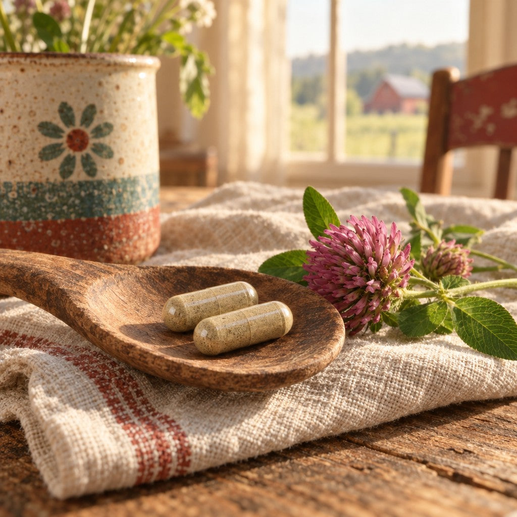Two vegan capsules on a wooden spoon with red clover