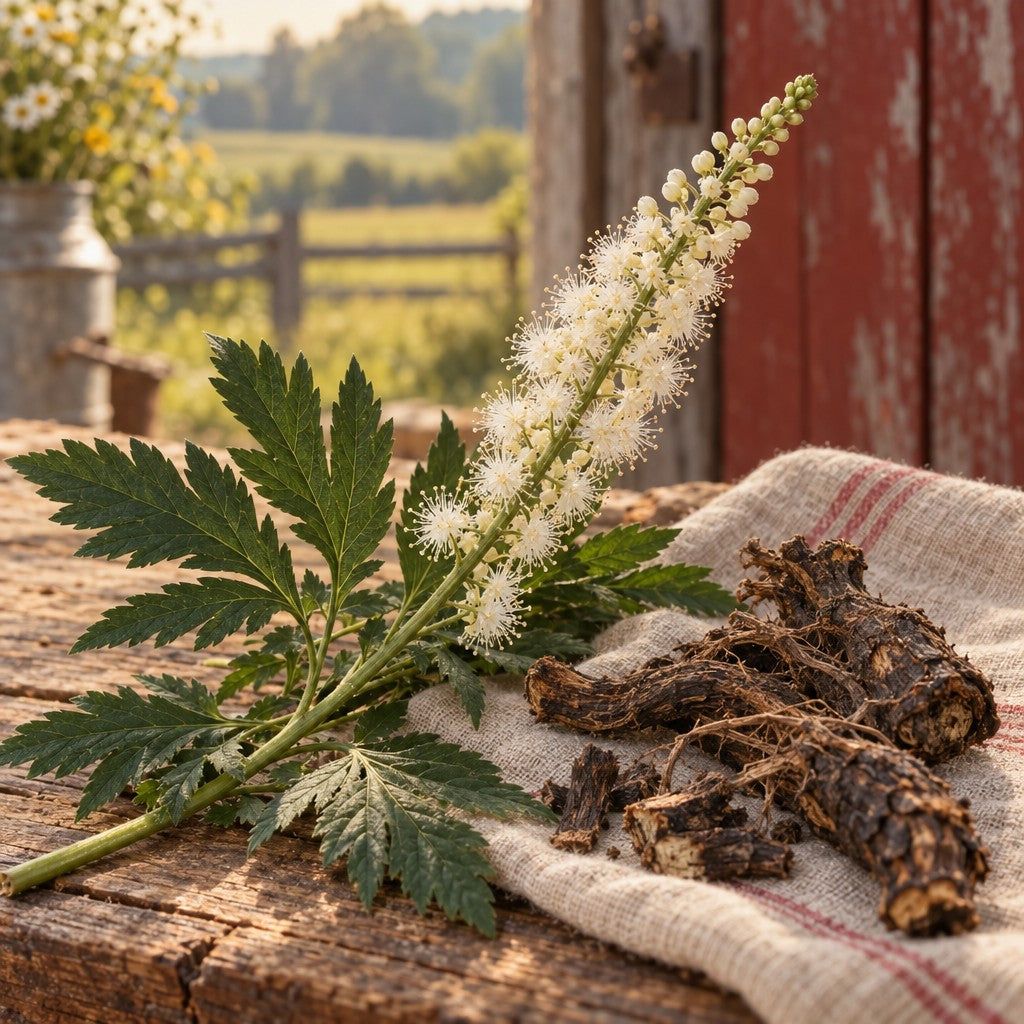 Black cohosh flower spike and dried root on barn wood
