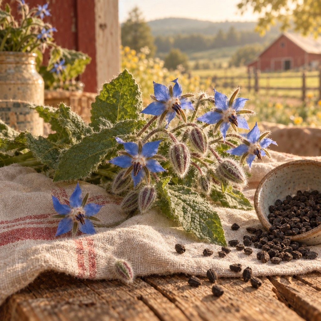 Blue borage flowers and seeds on linen