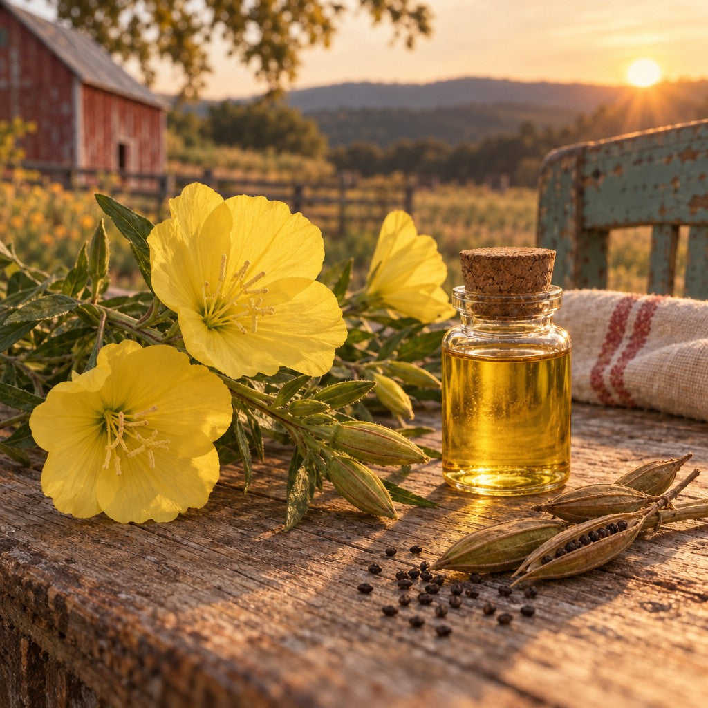 Evening primrose flowers, seed pods and a vial of seed oil