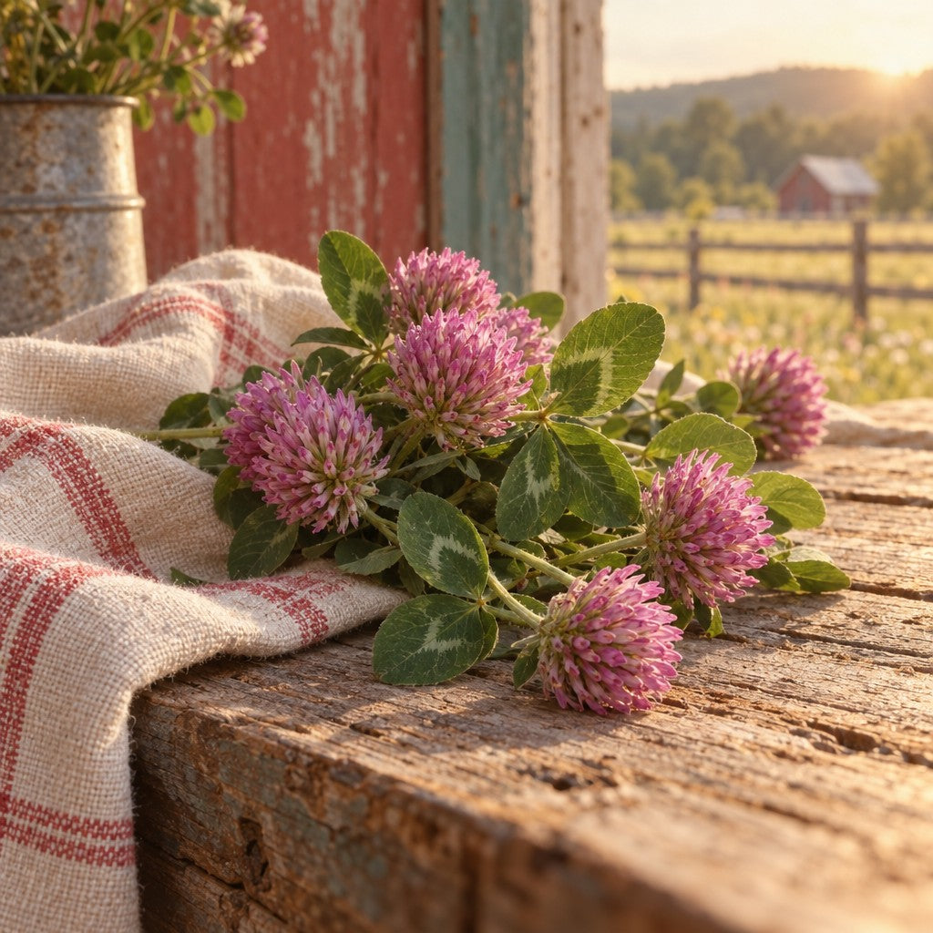 Fresh red clover blossoms on barn wood