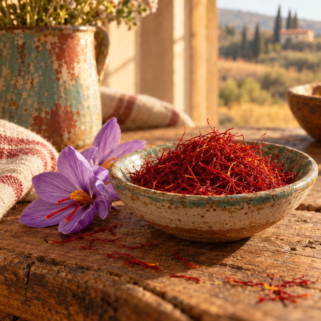 Saffron threads in a ceramic dish with crocus flowers