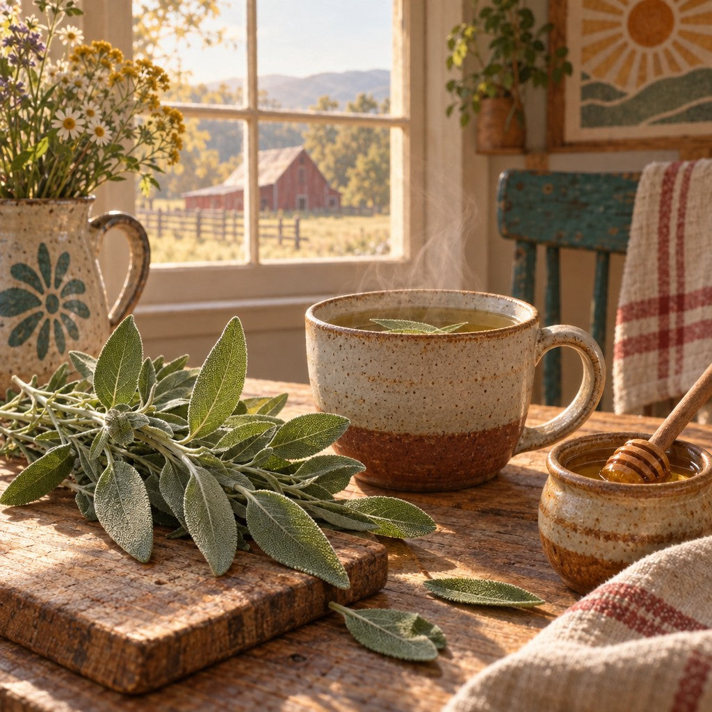 Fresh sage leaves beside a cup of sage tea