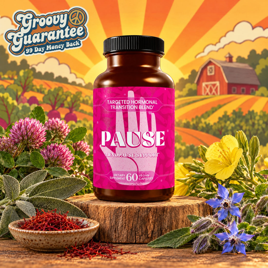 PAUSE Menopause Support by Hippie Farms on a farm-morning scene with red clover, sage, saffron, evening primrose and borage