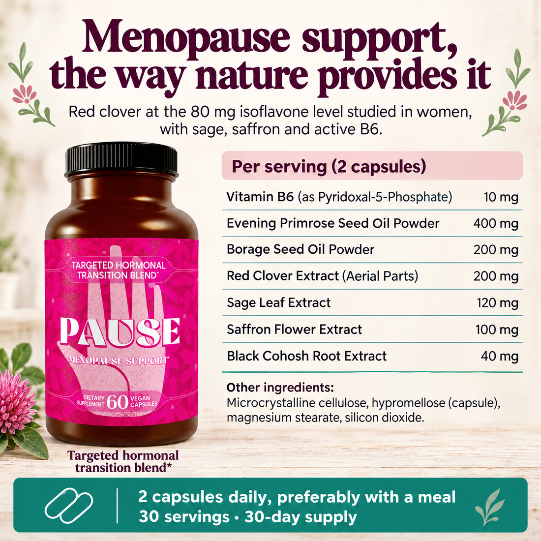 PAUSE Menopause Support: complete ingredients, serving amounts and daily use