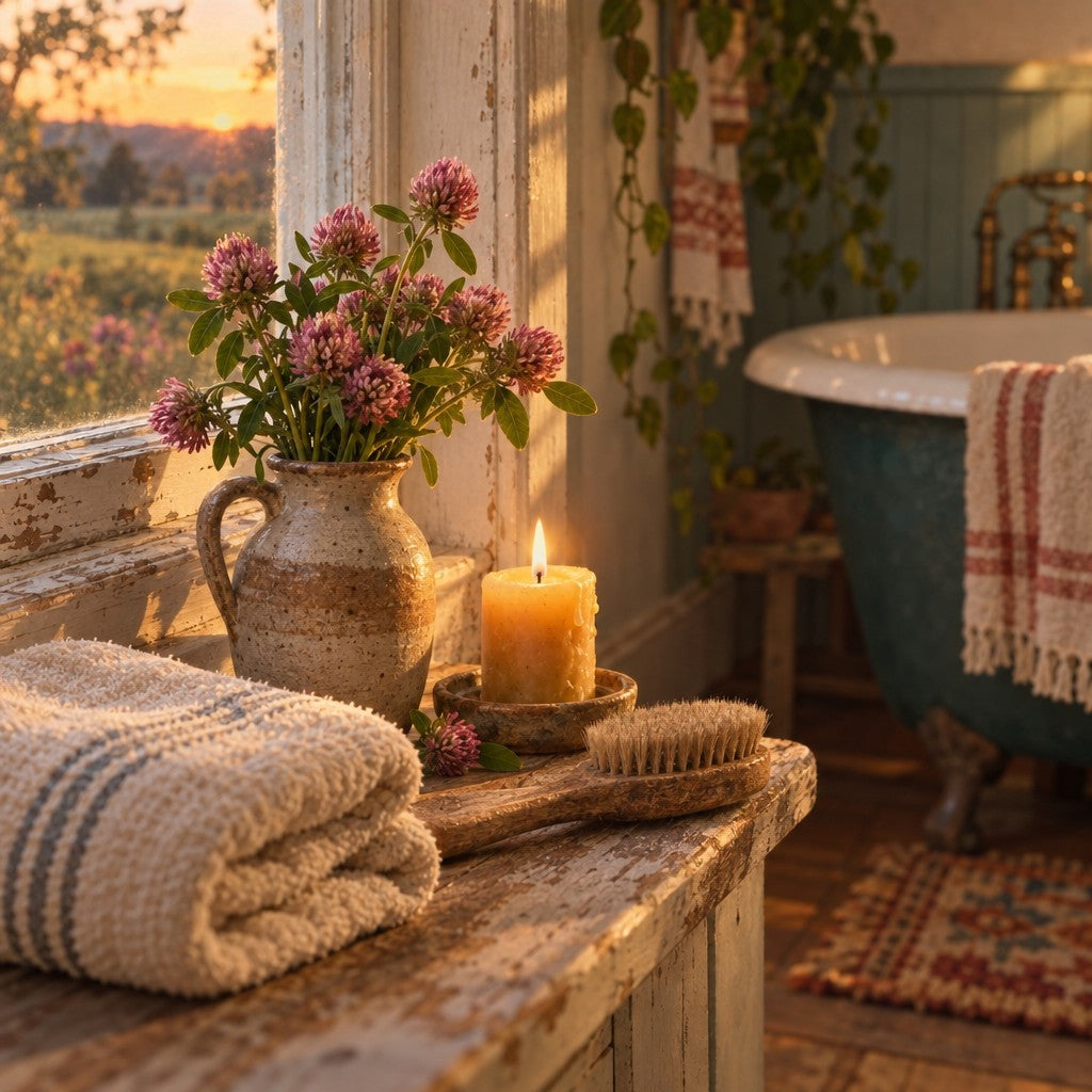 A vase of red clover, a candle and a folded towel on a farmhouse bathroom windowsill: Intimacy
