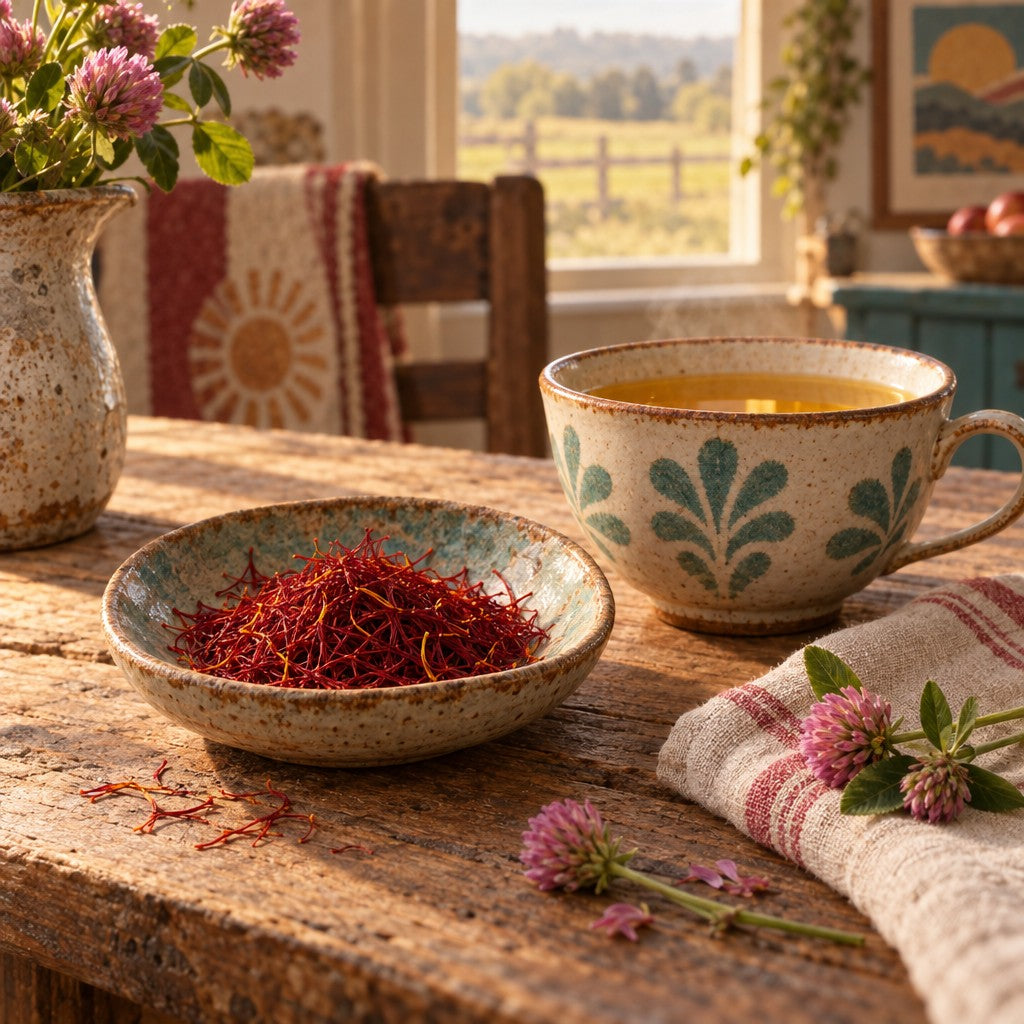 A dish of saffron threads and a cup of tea on a farmhouse table: Mood