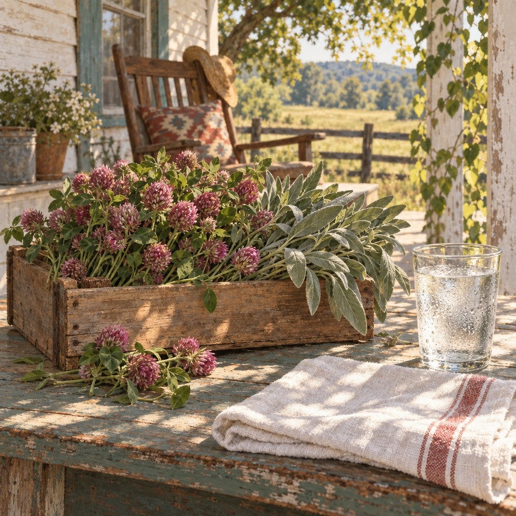 A crate of fresh red clover and sage with a glass of cool water: Temperature