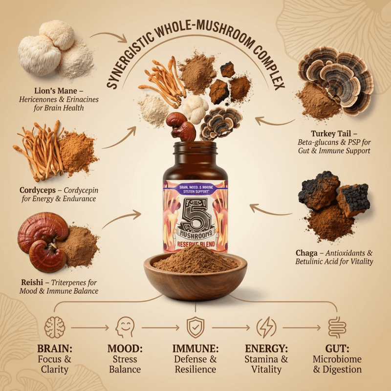 Premium Immunity, Gut Health, and Brain Cognition Formula - 5 Mushrooms Reserve Blend - Hippie Farms