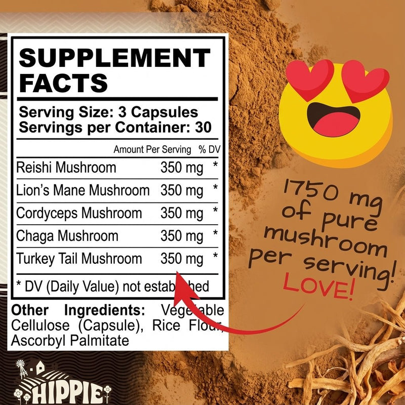 Premium Immunity, Gut Health, and Brain Cognition Formula - 5 Mushrooms Reserve Blend - Hippie Farms