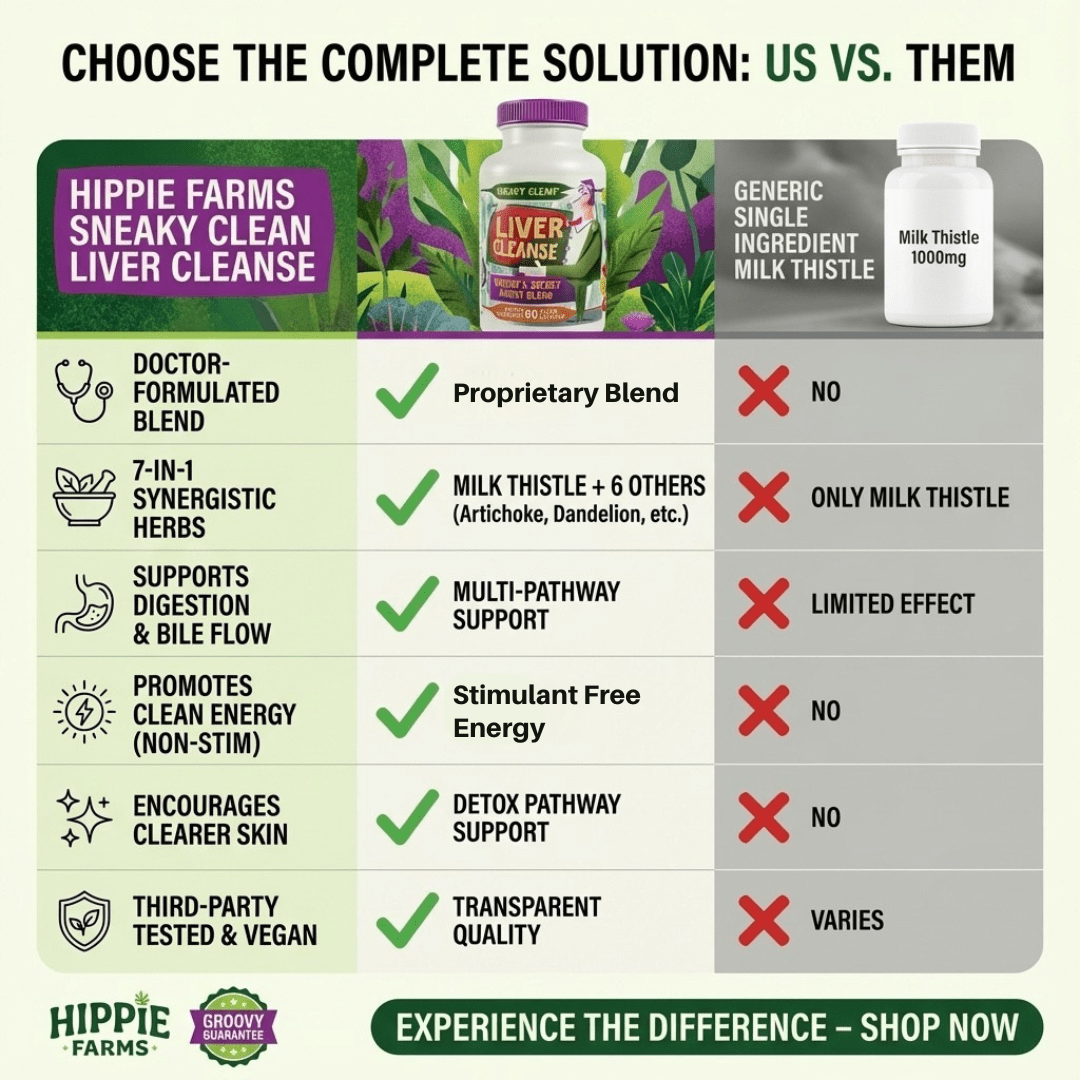Comparison chart for liver cleanse supplement showing Hippie Farms multi-herb proprietary blend vs single-ingredient milk thistle