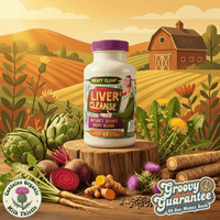 Premium liver cleanse supplement bottle with organic herbs (milk thistle, artichoke, turmeric) on farm backdrop