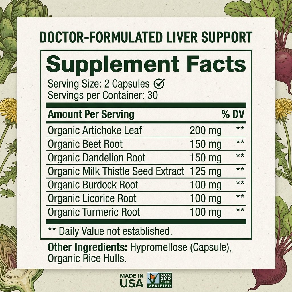 Supplement facts label for Premium Liver Cleanse & Reset showing organic milk thistle, artichoke, dandelion and more — liver cleanse supplement bottle ingredients