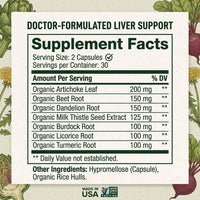 Supplement facts label for Premium Liver Cleanse & Reset showing organic milk thistle, artichoke, dandelion and more — liver cleanse supplement bottle ingredients