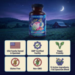 Bottle of Premium Sleep Aid Formula - Peace, Love, and ZZZ's Blend on night farm background, natural sleep aid supplement label, organic ingredients, vegan & gluten-free
