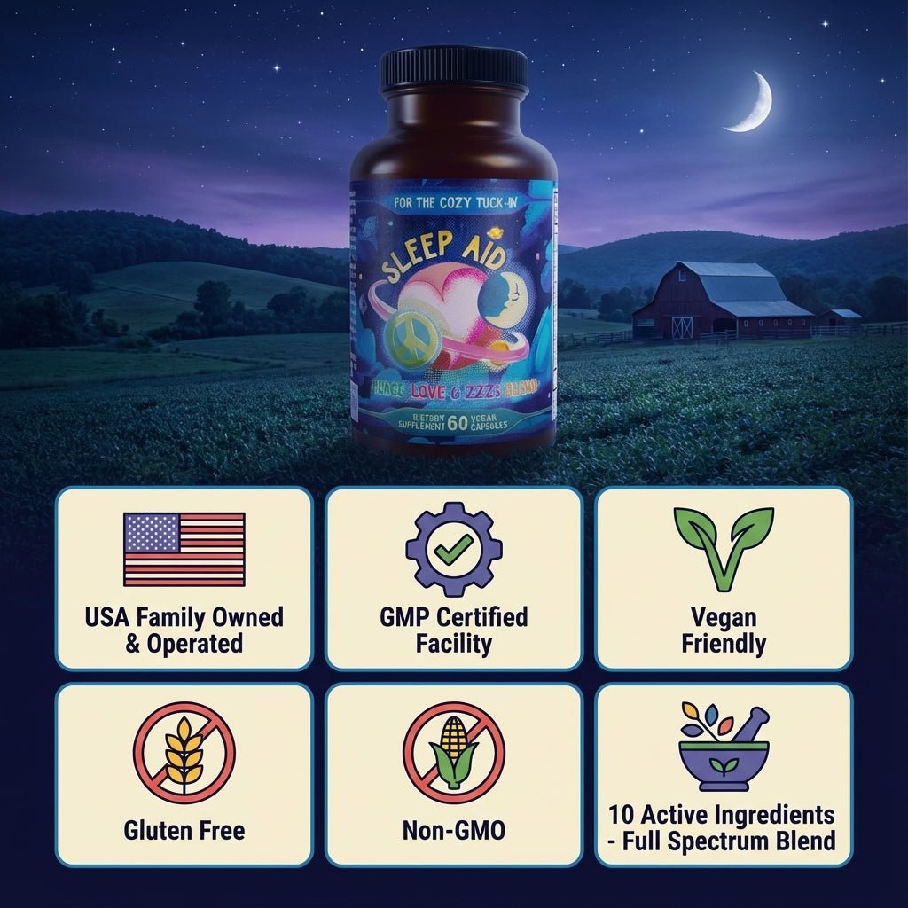 Bottle of Premium Sleep Aid Formula - Peace, Love, and ZZZ's Blend on night farm background, natural sleep aid supplement label, organic ingredients, vegan & gluten-free