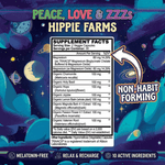 Peace Love & ZZZs Hippie Farms supplement label showing ingredients and non-habit forming claim — natural sleep aid supplement