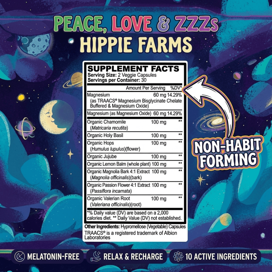 Peace Love & ZZZs Hippie Farms supplement label showing ingredients and non-habit forming claim — natural sleep aid supplement